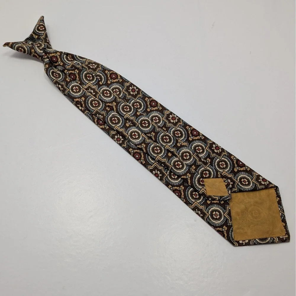 Vintage Boys Clip On Tie Medallion Geometric Pattern Brown Tan Formal Occasion